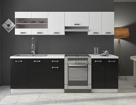 Kuechen-preisbombe Küche Omega 240 cm Küchenzeile Küchenblock variabel stellbar in Schwarz Weiss