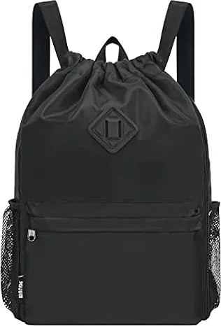 WANDF Rucksack mit Kordelzug, Sporttasche mit Schuhfach, wasserabweisender String-Rucksack Cinch für Damen Herren (Groß,Schwarz)