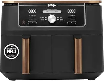 Ninja Foodi MAX Dual Zone Heißluftfritteuse, 9,5L Airfryer, 2 Fächer, mit Zange, Antihaftbeschichtung, spülmaschinenfeste Körbe, 6-in-1, Amazon Exklusiv, Kupfer/Schwarz, AF400EUCP