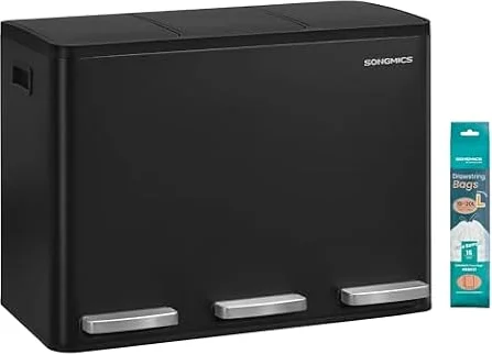 SONGMICS Mülleimer Küche, 3 x 15 L, 3 Fächer, Stahl, Softclose-Deckel