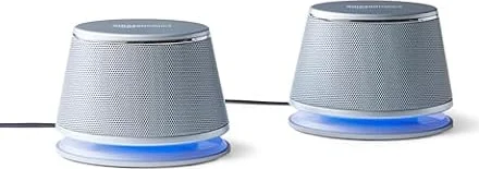 Amazon Basics Stereo-2.0-Lautsprecher für PC oder Laptop, 3,5-mm-AUX-Eingang, USB-Stromversorgung, 1 Paire, Silber