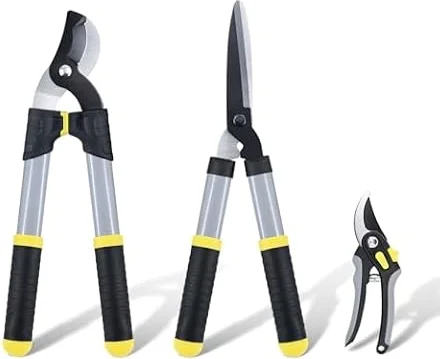 Colwelt Gartenscheren-Set, 3-teilig: Leichtes, kompaktes Gartenscheren-Set mit 42 cm langem Bypass-Astschneider, Heckenschere und Gartenschere. Pflege-Set für Bäume und Sträucher mit Softgriff.