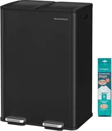 SONGMICS Mülleimer Küche, 2 x 30 Liter, 2 Fächer, Abfalleimer, Tretmülleimer, Küchenmülleimer mit Softclose-Deckel und Inneneimer, Stahl, inklusive 15 Müllbeutel, tintenschwarz LTB741B02
