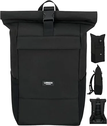 LARKSON Rucksack Herren & Damen Schwarz - No 4 - Rolltop Backpack mit Laptopfach für Uni, Arbeit & Fahrrad - Großer Reiserucksack - Wasserabweisend