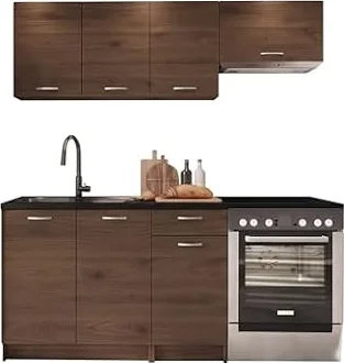 Mirjan24 Küchenzeile Mela 180 (Nuss Elegant/Schwarz, ohne LED)