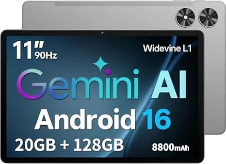 Tablet 11 Zoll mit Hülle, Android 16 System mit Gemini AI, 20GB RAM + 128GB ROM (erweiterbar auf 1TB), 90Hz Display, Unisoc T7250 Octa Core, 13MP + 8MP Kamera, Face ID, Widevine L1, 8800mAh, GPS