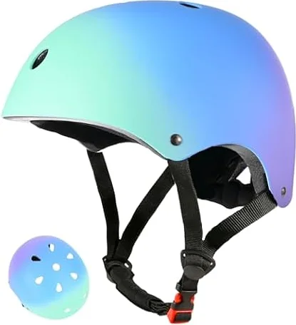 LOKJIJI Verstellbarer Kinder Fahrradhelm Skaterhelm für Mädchen Jungen Jugend, Farbe Farbverlauf Kinder Schutzhelme für Multi-Sportarten Fahrrad Skateboard Skaten, Grün Blau, M