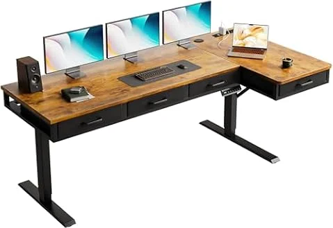 OffiGo Eckschreibtisch Höhenverstellbar mit 4 Schublade, 160 x 80cm, Braun