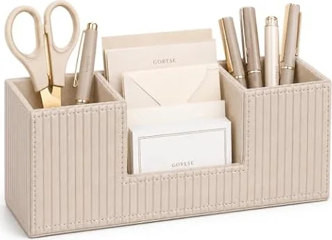 GORESE Schreibtisch Organizer,Multifunktionaler Stiftehalter Schreibtisch Stifte Organizer PU Leder Tisch Organizer Mit 4 Fächer Büro Organizer Büroorganisation Büro Gadgets für Büro Zuhause(Beige)