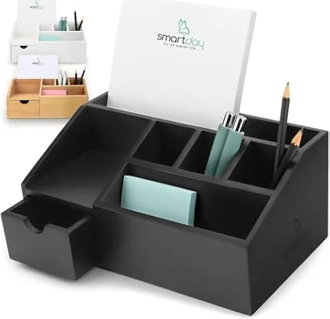 smartday Schreibtisch Organizer aus Bambus Holz mit Schublade schwarz - Ordnungssystem Büro Stiftehalter, Stifte Office Desktop Organizer, Stiftebox, Pen Holder Organizer