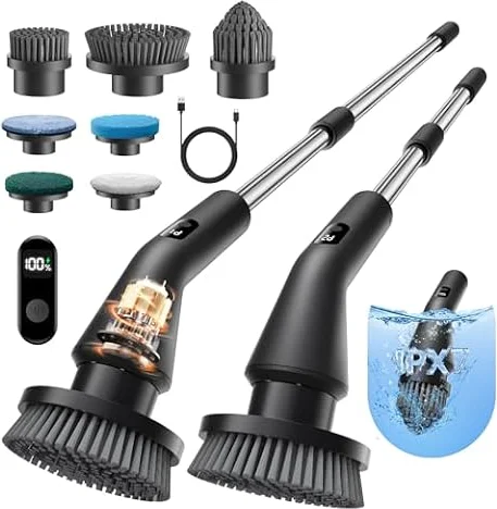 Leebein Elektrische Reinigungsbürste, Neues Spin Scrubber, IPX7 Wasserdichter und 7 Bürstenköpfen, Ausziehbarem Langem Griff und 2 Geschwindigkeiten, Schrubber für Badezimmer, Boden, Küche