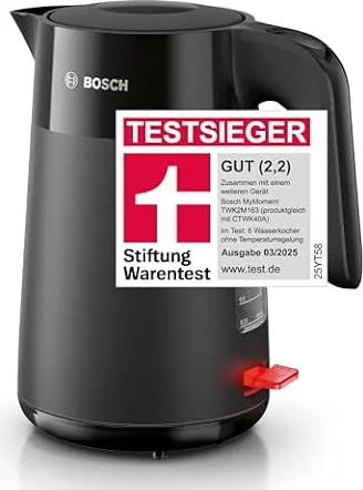 Bosch kabelloser Wasserkocher MyMoment TWK2M163, Abschaltautomatik, Überhitzungsschutz, Tassenanzeige, entnehmbarer Kalkfilter, Trockengehschutz, Dampfstopp-Automatik, 1,7 L, 2400 W, Schwarz matt