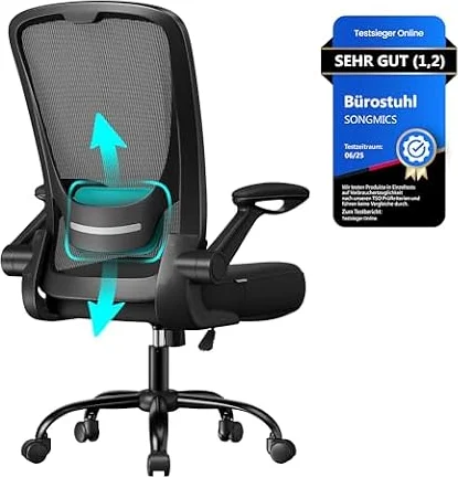 SONGMICS Bürostuhl ergonomisch, Drehstuhl mit Mesh, Lenden- und Kopfstütze, Wippfunktion, 53 cm große Sitzfläche, klappbare Armlehnen, Arbeits- und Schlafzimmer, Studenten, schwarz OBN37BK