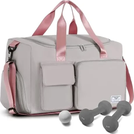 FIORETTO 30L Damen Sporttasche Faltbare Reisetasche mit Schuhfach und Nassfach, Wasserabweisende Weekender Gym Travel Bag Handgepäck Tasche Trainingstasche für Damen Herren Hellgrau&Rosa