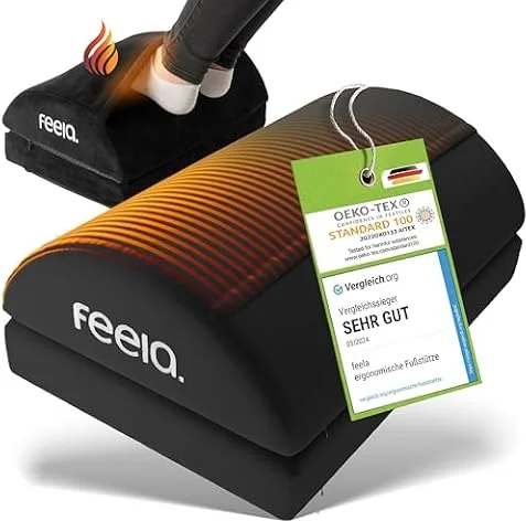 feela.® Ergonomische Fußstütze Schreibtisch [VERGLEICHSSIEGER] mit Wärmekissen – Höhenverstellbarer Fußhocker, Premium-Schaumkern & rutschfest. Ideales Homeoffice Büro Zubehör (Schwarz)