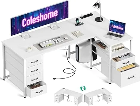 Coleshome Eckschreibtisch mit 6 Stoff Schubladen, 140×80 cm, Weiß