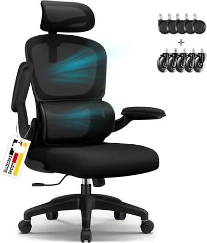 Bürostuhl, Bürostuhl Ergonomisch, Schreibtischstuhl mit Segmentierter Rückenlehne, Adaptiver Lendenstütze und 90°klappbaren Armlehnen, Schreibtischsessel Neigbar bis 135°, Office Chair mit Gummirollen