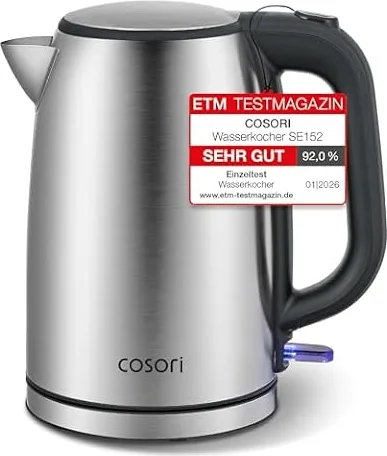 Cosori Wasserkocher Edelstahl, Ohne Kunststoffkontakt, 1,7 L, 2200W, LED