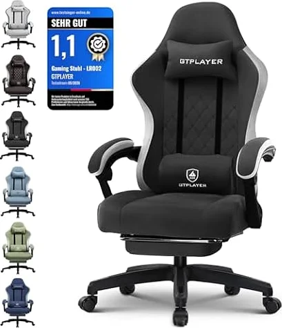 GTPLAYER Gaming Stuhl Ergonomischer Gaming Sessel Schreibtischstuhl mit Stoffoberfläche, Federsitzkissen, Verbindungsarmlehnen und Fußstütze 150KG, hellschwarz