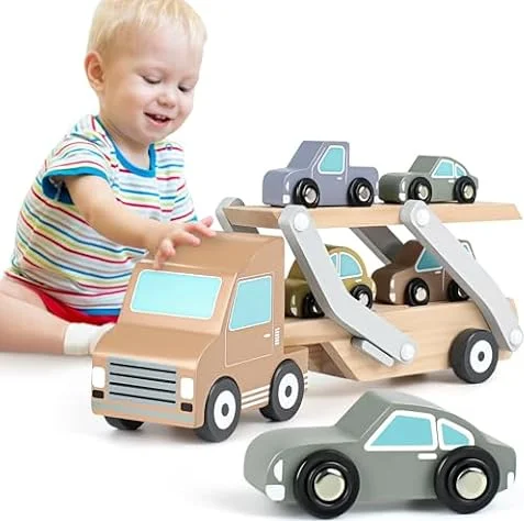 Montessori Spielzeug ab 1 Jahr Spielzeug Auto Ab 1 Jahr mit 4 Autos Autotransporter Holzspielzeug Geschenk Junge 1 2 3 Jahr