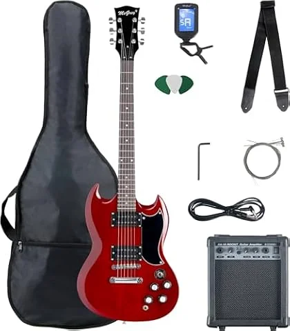 McGrey Rockit Double Cut Komplettset E-Gitarre (8-teiliges Anfängerset mit Gitarre, Verstärker, Ersatzsaiten, Gitarrentasche, Stimmgerät, Plektren, Gurt und Gitarrenkabel) Cherry Red