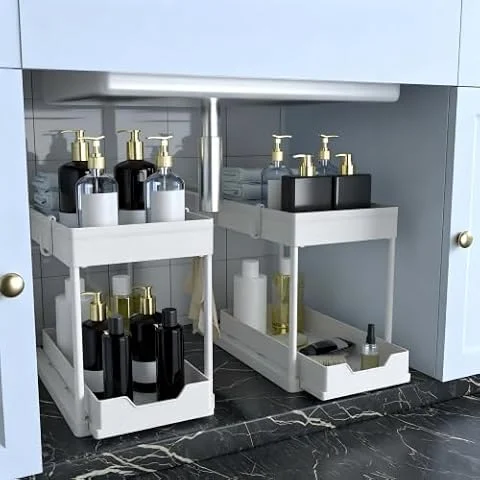 DEKAVA Küchen Organizer, 2 Unter Waschbecken Regal, Schrank Küchenorganizer mit 4 Haken, Schrankkorb für Küche, Bad（weiß）