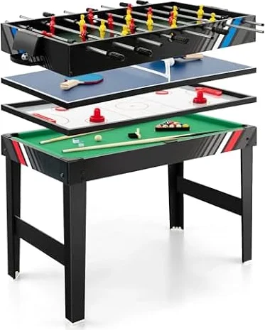COSTWAY Multi Spieltisch, 4 in 1 Tischkicker mit Billard, Hockey, Tischtennis, Multifunktionstisch Tischfußball mit Zubehör, Kickertisch für Spielzimmer, Party, Bars, 125 x 97 x 83 cm (Schwarz)