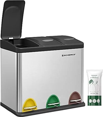SONGMICS Mülleimer für die Küche, Treteimer mit 3 Fächern, 3 x 8 Liter