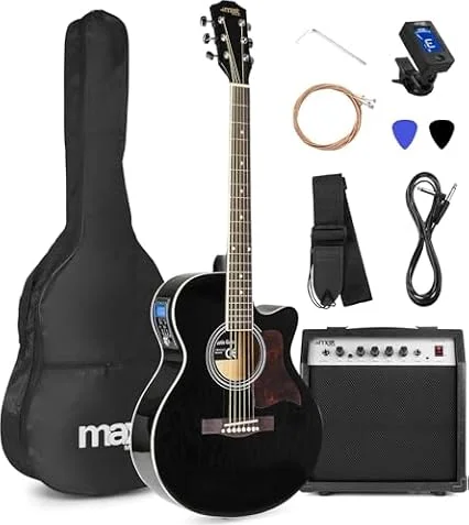 MAX ShowKit Elektro Akustik Gitarre Set mit Verstärker 40 Watt, Schwarz