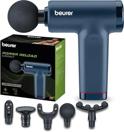 Beurer PowerReload compact Massagepistole, professionelle Triggerpunktmassage für Entspannung & Regeneration, kraftvolles Muskelmassagerät mit 5 Aufsätzen, 5 Intensitätsstufen, extrem leise