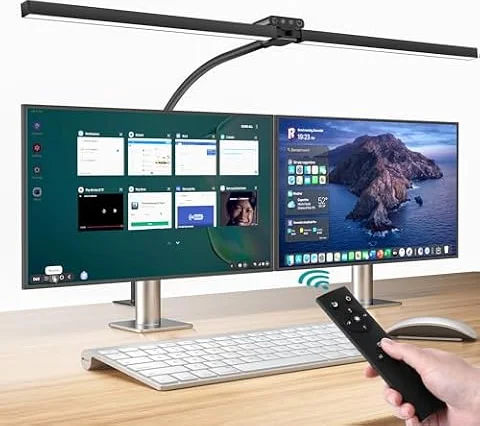 vatato Doppelkopf Schreibtischlampe LED, Dimmbar 24W 80CM Schreibtischlampe für Homeoffice, klemmbar Augenschutz Tageslichtlampe mit Fernbedienungen, 5 Farb 5 Helligkeit Büro Tischlampe (schwarz)
