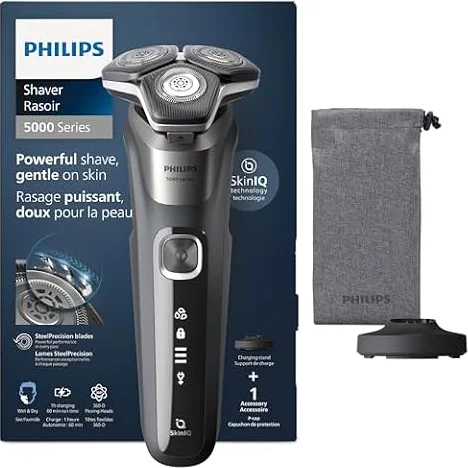 PHILIPS Shaver Series 5000 – Elektrischer Rasierer für Herren, Nass- & Trockenrasierer in Carbongrau, integrierter ausklappbarer Trimmer, weiche Tasche, Schutzkappe & Ladestation (Modell S5887/13)