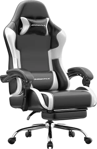 Gaming Stuhl Ergonomisch mit Fußstütze, Gepolsterter Gamer Stuhl bis 180 kg, 150° Verstellbare Rückenlehne, Komfortabler Gamingstuhl Bürostuhl für Gaming und Büro, Schwarzweiß