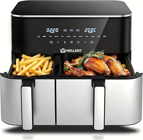 WELLENT 11L Airfryer 2 Kammern, 2600W Heißluftfritteuse XXL(4+7L),10-in-1 Heissluftfritteuse Doppelkammer Air fryer Dual Zone mit Touchscreen, Match & Sync-funktion, spülmaschinenfest