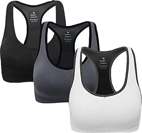 ANGOOL Damen Komfort Klassische Racerback Sport BH Top Fuer Yoga Fitness-Training, Schwarz + Grau + Weiß, S Fit 65B 65C 65D 70BC 70D 75BC