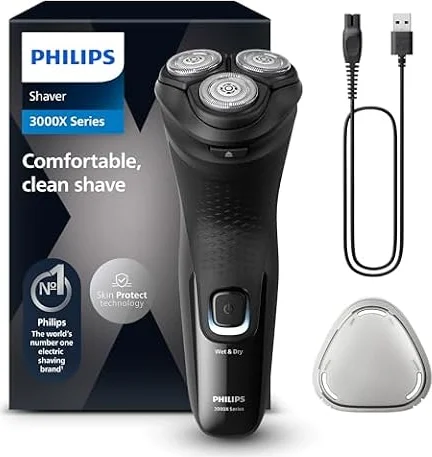 Philips Shaver Series 3000X – Elektrischer Rasierer für Herren in Schwarz, Nass- und Trockenrasur, mit SkinProtect-Technologie, ausklappbarem Bartschneider (Modell X3001/00)