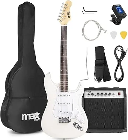 MAX GigKit E Gitarre Set 4/4, Guitar mit Verstärker 40 Watt, Gurt, Weiß