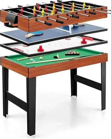 COSTWAY Multi Spieltisch, 4 in 1 Tischkicker mit Billard, Hockey, Tischtennis, Multifunktionstisch Tischfußball mit Zubehör, Kickertisch für Spielzimmer, Party, Bars, 125 x 97 x 83 cm (Natur)
