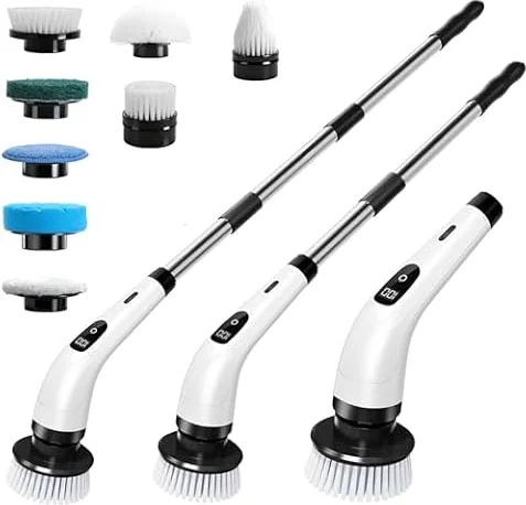 Hqynss Elektrische Rotationsbürste, Kabellose Reinigungsbürste mit 8 Bürstenköpfen, Verstellbarer Griff, Wiederaufladbare Reinigungsbürste, USB-C-Ladung, für Böden, Fliesen, Badezimmer, Küche, Dusche