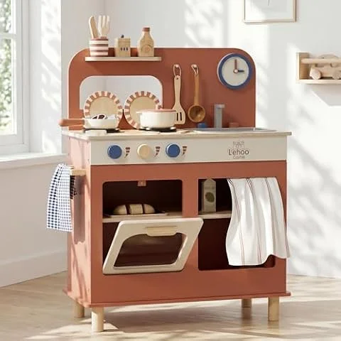 Lehoo Castle Kinderküche Holz, Spielküche mit Spielzeugtöpfen, Pfannen
