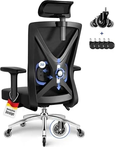 Daccormax Bürostuhl, Bürostuhl Ergonomisch Schreibtischstuhl mit Verstellbaren Armlehnen, Kopfstütze und weiche Lendenstütze aus Naturschwamm, Chefsessel Drehstuhl Wippfunktion 200kg, Schwarz