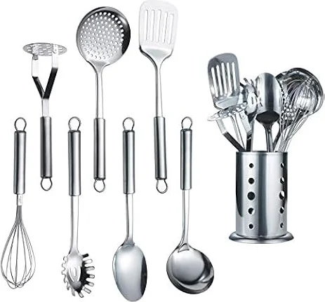Berglander Edelstahl Kochset 7 teilig mit 1 Ständer, Kochlöffel-Set aus Edelstahl, geschlitztem Tuner, Schöpfkelle, Abschäumer, Servierlöffel, Pasta Server, Kartoffel-Mäher