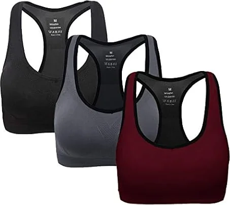 ANGOOL Damen Komfort Klassische Racerback Sport BH Top Fuer Yoga Fitness-Training, Schwarz grau weinrot, L Fit 80D 80DD 80E 85D 90BC 90D