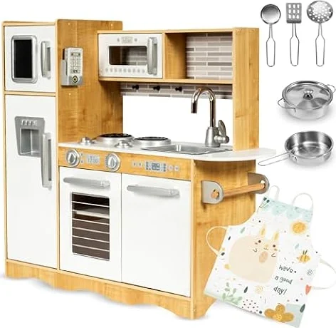 Mamabrum Holz-Spielküche LED-Beleuchtung, Kinderküche Zubehör Set - Ofen, Mikrowelle, Kochfeld, Wasserhahn, Kühlschrank & Spielzeug-Kochutensilien für Kinder (15 Teile)