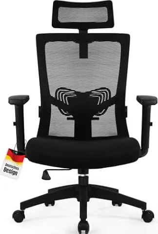 Daccormax Bürostuhl Ergonomisch, Schreibtischstuhl mit Verstellbarer Kopfstütze, Armlehnen, Lendenwirbelstütze, Drehstuhl Wippfunktion bis 135°, Chefsessel aus Mesh,Rückenschonend, Bürostuhl 150kg
