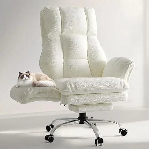 HOMRELEXA Bürostuhl mit Fußstütze, 135° für Home Office,Teddy-Stoff Weiß