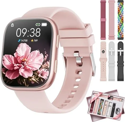 Smartwatch Damen Herren mit 7 Armbänder & Geschenkbox, 1.83" HD Smartwatch mit Bluetooth-Anruf, Fitness Tracker mit Pulsmesser Schlafmonitor Schrittzähler, IP68 Wasserdicht, 100+Sportmodi Rosa