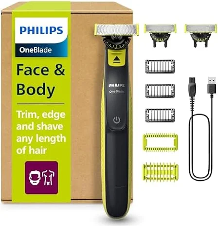 PHILIPS OneBlade 360 Face & Body - elektrischer Rasierer, Trimmer & Bodygroomer, 3x 360 Klingen, 3x Trimmaufsätze (1/3/5 mm), 2x Körperaufsätze, Nass- & Trockenrasur für Gesicht & Körper (QP2824/31)