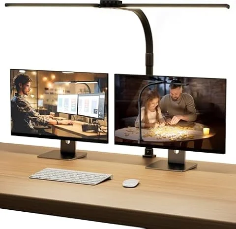 SIBRILLE Schreibtischlampe LED, Doppelkopf Schreibtischlampe Dimmbar, Klemmbar Desk Lamp für Büro, Augenschutz Monitor Lampe Tageslichtlampe, PC Lampe Tischlampe mit Schwanenhals, Schwarz