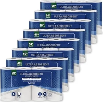 by Amazon Ultra-saugfähige TAD-Küchenrolle, 32 Rollen (8 Packungen à 4), 51 Blätter pro Rolle, (früher “Presto!”)